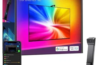 Govee TV Backlight 3 Lite Verpackung, LED-Rolle, Kamera und Controller neben Smartphone-App