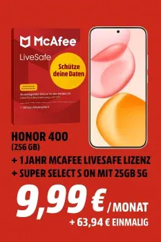 Schnäppchen, Deals und Rabattcodes des Tages - Honor 400 256 GB Smartphone mit 1 Jahr McAfee LiveSafe Lizenz und 5G