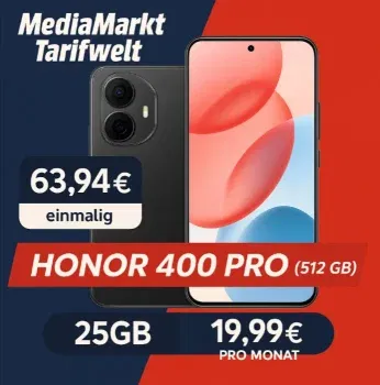 MediaMarkt Tarifwelt: Honor 400 Pro (512 GB) + Super Select S On 25GB 5G für 19,99 € / Monat + 63,94 € einmalig