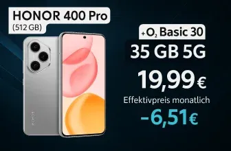 MediaMarkt Tarifwelt: Honor 400 Pro (512 GB) + o2 Basic 30 35 GB 5G für 19,99 € / Monat