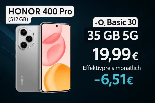 MediaMarkt Tarifwelt: Honor 400 Pro (512 GB) + o2 Basic 30 35 GB 5G für 19,99 € / Monat