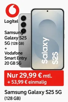 Logitel: Samsung Galaxy S25 5G (128 GB) + Vodafone Smart Entry 20 GB 5G für 29,99 € / Monat + 53,99 € einmalig