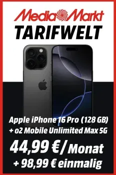 MediaMarkt Tarifwelt: Apple iPhone 16 Pro (128 GB) + o2 Mobile Unlimited Max 5G für 44,99 € / Monat + 98,99 € einmalig