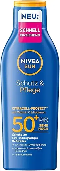 Nivea Sun Schutz Pflege Sonnenlotion Lsf 50 Wasserfester Sonnenschutz Mit Vitamin C Hyaluron Schnell Einziehende Sonnencreme Fuer 48H Feuchtigkeit Ohne Weisse Rueckstaende 200 Ml