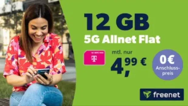 Freenet Telekom Allnet-Flat mit 12 GB 5G für nur 4,99 € monatlich + 50GB Depot + 0€ AG