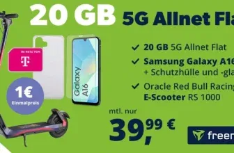 Samsung Galaxy A16 (128 GB) + Oracle Red Bull E-Scooter RS 1000 + freenet Telekom 20 GB Allnet Flat 5G für 39,99 € / Monat + 1,00 € einmalig