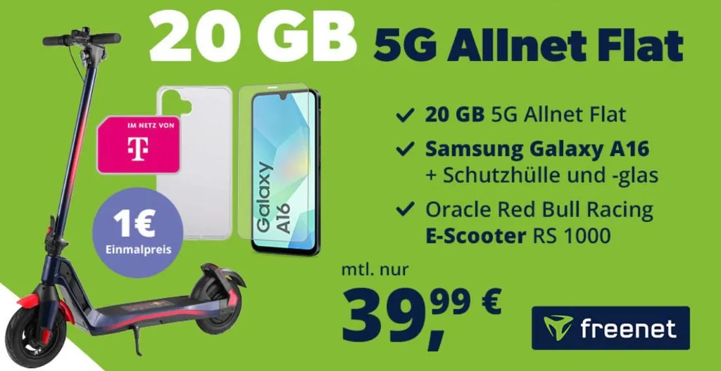 Schnäppchen, Deals Und Rabattcodes Des Tages - Samsung Galaxy A16 128 Gb, Oracle Red Bull E-Scooter, Freenet Telekom 20 Gb Allnet Flat