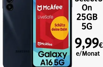 MediaMarkt Tarifwelt: Samsung Galaxy A16 5G (128 GB) + McAfee LiveSafe Device Attach + Super Select S On 25GB 5G für 9,99 € / Monat + 67,94 € einmalig