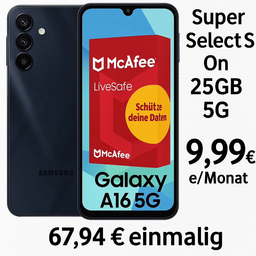 Schnäppchen, Deals Und Rabattcodes Des Tages - Samsung Galaxy A16 5G 128 Gb Mcafee Livesafe Device Attach Super Select S On 25Gb 5G