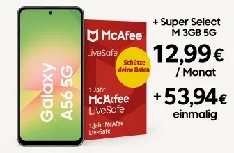 Schnäppchen, Deals und Rabattcodes des Tages: Samsung Galaxy A56 5G mit 1 Jahr McAfee LiveSafe, Super Select M Tarif und 30GB 5G