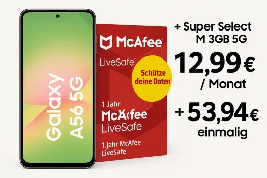 Schnäppchen, Deals und Rabattcodes des Tages: Samsung Galaxy A56 5G mit 1 Jahr McAfee LiveSafe, Super Select M Tarif und 30GB 5G