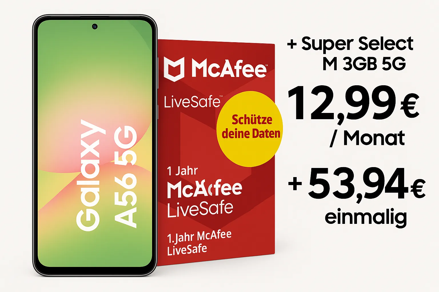 Schnäppchen, Deals Und Rabattcodes Des Tages: Samsung Galaxy A56 5G Mit 1 Jahr Mcafee Livesafe, Super Select M Tarif Und 30Gb 5G