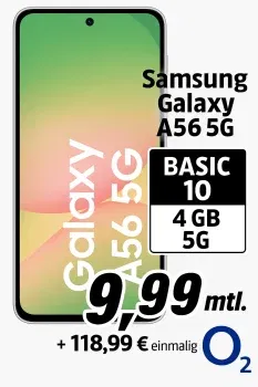 Schnäppchen, Deals und Rabattcodes des Tages - Samsung Galaxy A56 5G 256 GB mit Samsung 25W USB-C GaN Power Adapter in Schwarz und o2 Basic 10,4 GB 5G