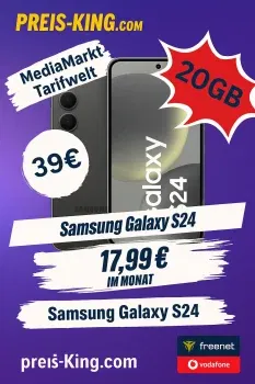 MediaMarkt Tarifwelt: Samsung Galaxy S24 (128 GB) + freenet Vodafone Allnet Flat 20 GB 5G für 17,99 € / Monat + 83,94 € einmalig