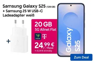 Schnäppchen, Deals und Rabattcodes des Tages - Samsung Galaxy S25 128 GB mit Samsung 25 W USB-C Ladeadapter in weiß