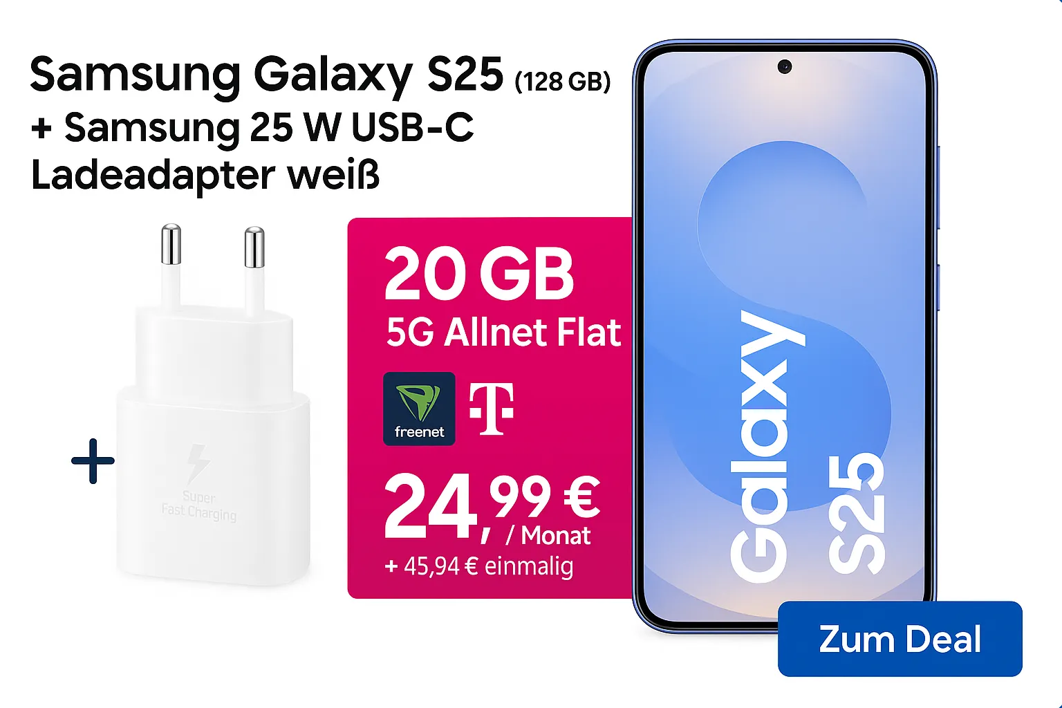 Schnäppchen, Deals Und Rabattcodes Des Tages - Samsung Galaxy S25 128 Gb Mit Samsung 25 W Usb-C Ladeadapter In Weiß