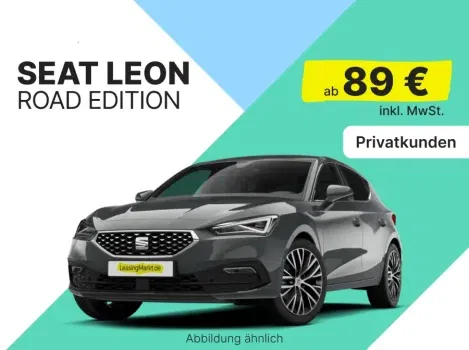 Seat Leon Road Edition 1.5 TSI mit 116 PS für 89,00 € / Monat + 1.599,00 € einmalig – LF 0,28 (Privatkunden)