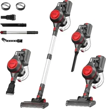 VacniQ Akku Staubsauger Freistehender Kabellos Staubsauger Akku Sauger 35000Pa 999% HEPA-Filter 3-in-1ür Hartböden Teppiche Tierhaare Super Leise (rot grau) für 69,00 € inkl. Versand (statt 129,00 €)