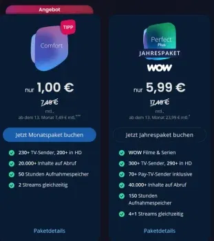 waipu.tv Comfort-Tarif für nur 1 € pro Monat – monatlich kündbar, 200+ HD-Sender & 2 Streams gleichzeitig