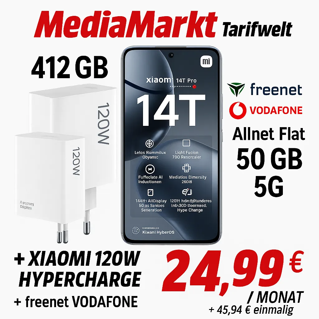 Schnäppchen, Deals Und Rabattcodes Des Tages - Xiaomi 14T Pro 512 Gb Mit Xiaomi 120W Hypercharge Combo Und Freenet Vodafone Allnet-Flat 50Gb 5G