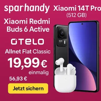Angebot: Sparhandy Xiaomi 14T Pro (512 GB) + Xiaomi Redmi Buds 6 Active + otelo Allnet Flat Classic 40 GB LTE für 19,99 € / Monat + 56,93 € einmalig