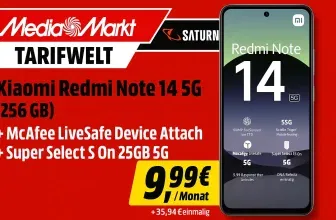 Schnäppchen, Deals und Rabattcodes des Tages: Xiaomi Redmi Note 14 5G 256 GB mit 1 Jahr Lizenz für McAfee LiveSafe, Device Attach, Super Select S On 25GB 5G