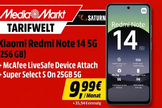 Schnäppchen, Deals und Rabattcodes des Tages: Xiaomi Redmi Note 14 5G 256 GB mit 1 Jahr Lizenz für McAfee LiveSafe, Device Attach, Super Select S On 25GB 5G