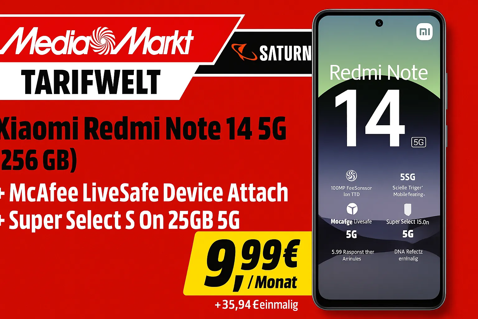 Schnäppchen, Deals Und Rabattcodes Des Tages: Xiaomi Redmi Note 14 5G 256 Gb Mit 1 Jahr Lizenz Für Mcafee Livesafe, Device Attach, Super Select S On 25Gb 5G