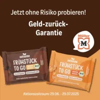 Oatsome Frühstück2Go-Riegel bei Müller mit Geld-zurück-Garantie – Jetzt kostenlos probieren!