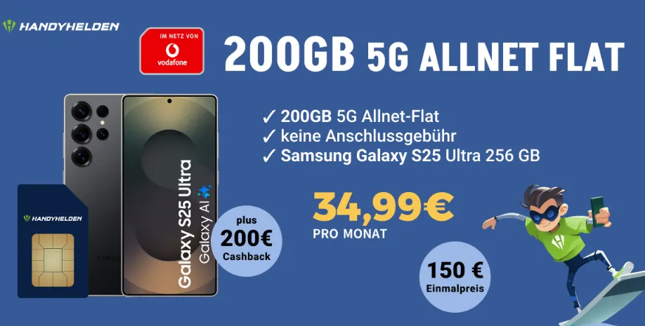 Samsung Galaxy S25 Ultra (150€) + Vodafone 200 GB Allnet Flat 34,99€ mtl. + 200€ Cashback