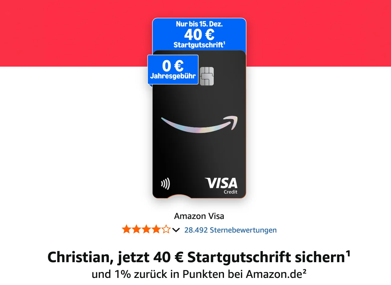 Amazon VISA Karte 💳 mit 40 € Startguthaben + Dauerhaft kostenfrei (Prime-Kunden) + 1 % Cashback für Einkäufe bei Amazon