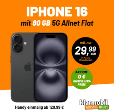 Apple iPhone 16 mit 80 GB Vodafone 5G Allnet Flat für nur 5,03€ effektiv im Monat