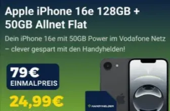 Apple iPhone 16e mit 50GB Allnet-Flat für 24,99€ mtl. – Wechselbonus von 150€ inklusive