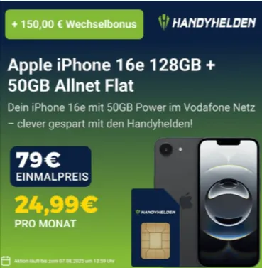 Apple iPhone 16e mit 50GB Allnet-Flat  für 24,99€ mtl. – Wechselbonus von 150€ inklusive