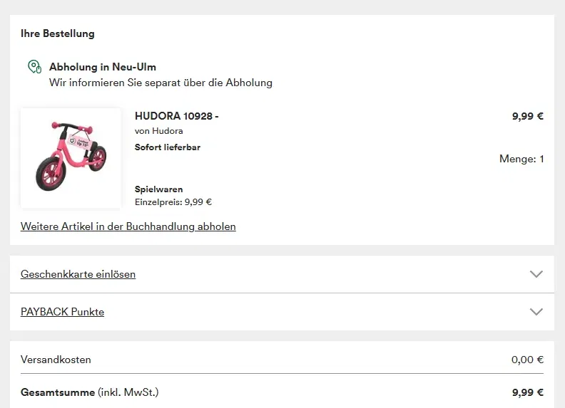 Preisfehler – Hudora 10928 Laufrad Up 10 Zoll für 9,99€ bei Abholung im Thalia (statt 65€)