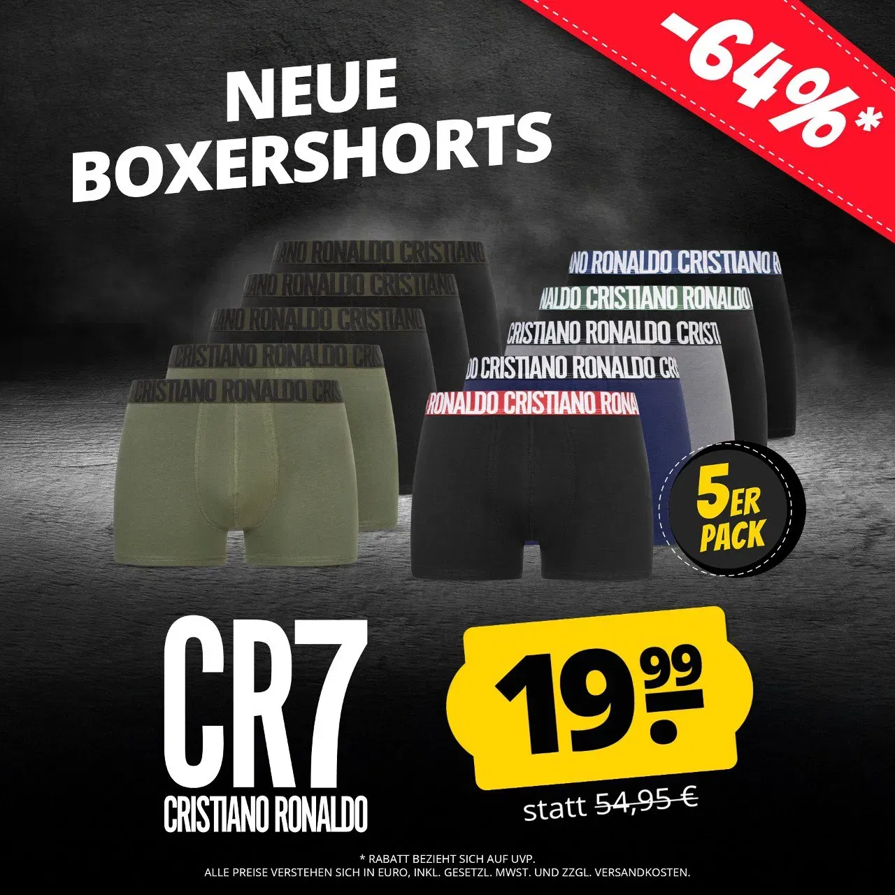CR7 Cristiano Ronaldo Herren Boxershorts 5er Pack (Gr. M bis 2XL) für 24,94 € inkl. Versand