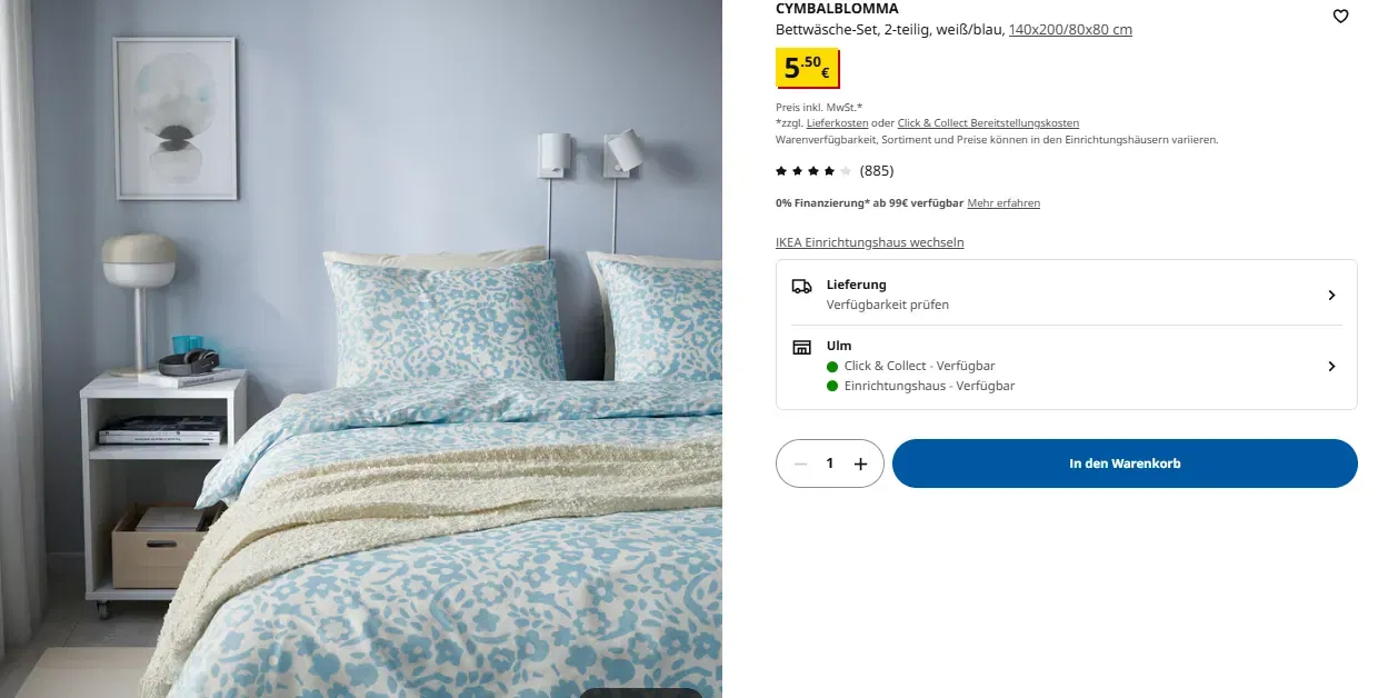 IKEA CYMBALBLOMMA Bettwäsche-Set ( 2-teilig, weiß/blau, 140×200/80×80 ) für 5,50€
