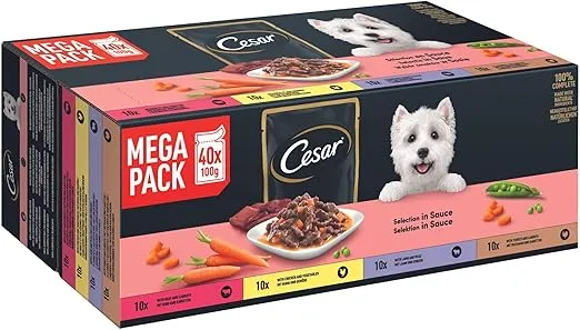🐕 Cesar Selektion in Sauce Premium Hunde Nassfutter im Portionsbeutel (4 Varietäten 40x100g) ab 12,28 € inkl. Prime-Versand (statt 17,00 €)