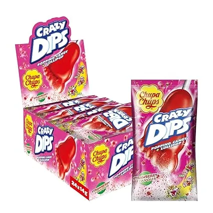 Chupa Chups Crazy Dips Strawberry enthält 24 Stück fruchtig-süßer Erdbeer-Geschmack 24 x 14g (24x14g) für 7,60 € inkl. Prime-Versand