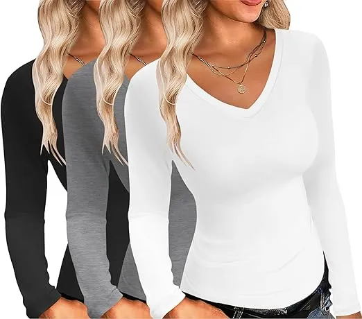 Ekouaer Damen Langarmshirt mit V-Ausschnitt 3 Pack (6 Farben, Gr. S bis XXL) für 23,99 € inkl. Versand (statt 39,99 €)