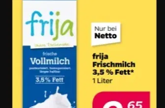 Netto mit Hund 🥛 Frija Frische Vollmilch 3,5% Fett – 1 Liter für nur 0,65€ ab 14.Juli