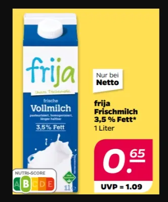 Netto mit Hund 🥛 Frija Frische Vollmilch 3,5% Fett – 1 Liter für nur 0,65€ ab 14.Juli