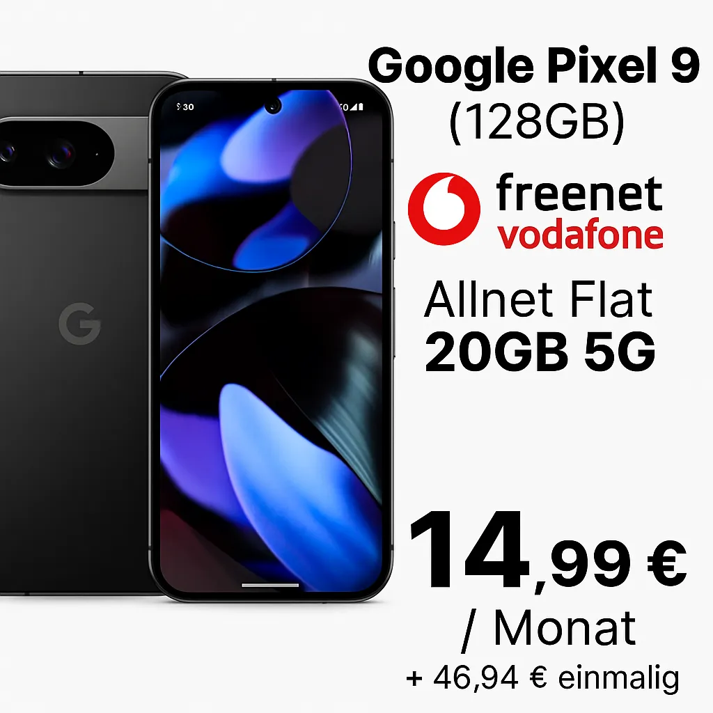 MediaMarkt Tarifwelt: Google Pixel 9 (128 GB) + freenet Vodafone Allnet Flat 20GB 5G für 14,99 € / Monat + 46,94 € einmalig