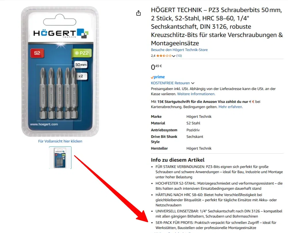 HÖGERT TECHNIK – PZ3 Schrauberbits 50 mm (5 Stück?) (S2-Stahl HRC 58–60 14″ Sechskantschaft DIN 3126) für 0,49 € inkl. Prime-Versand (statt 3,39 €)