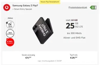 Sparhandy: Samsung Galaxy Z Flip7 + 500 GB Depot + 100 € Sofortbonus + Vodafone Smart Entry Spezial 25 GB 5G/ LTE für 29,99 € / Monat + 56,93 € einmalig