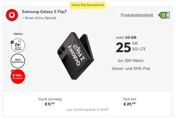 Sparhandy: Samsung Galaxy Z Flip7 + 500 GB Depot + 100 € Sofortbonus + Vodafone Smart Entry Spezial 25 GB 5G/ LTE für 29,99 € / Monat + 56,93 € einmalig