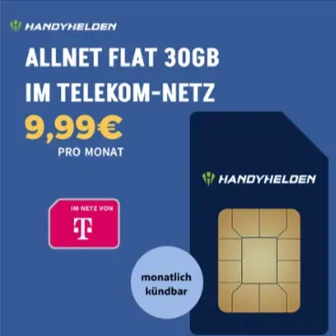 Handyhelden: Telekom 30 GB 5G Allnet Flat für 9,99€ mtl. (monatlich kündbar)