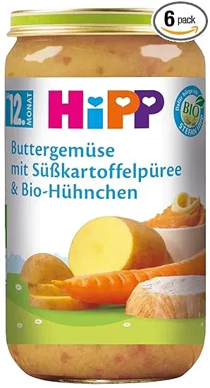 HiPP Buttergemüse mit Süßkartoffelpüree und Bio-Hühnchen 6er Pack (6x250g) ab 6,43 € inkl. Prime-Versand
