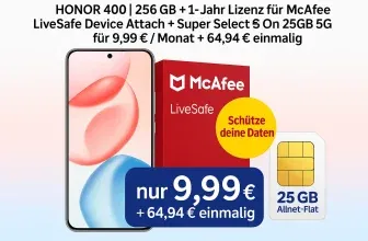 MediaMarkt Tarifwelt: Honor 400 (256 GB) + 1-Jahr Lizenz für McAfee LiveSafe Device Attach + Super Select S On 25GB 5G für 9,99 € / Monat + 64,94 € einmalig