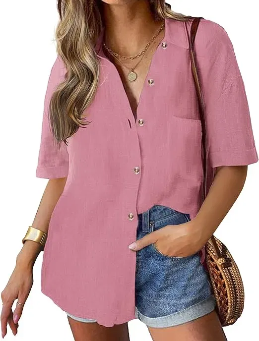 Hotouch Damen Kurzarm Hemdbluse (9 Farben, Gr. S bis XXL) für 14,99 € inkl. Prime-Versand (statt 24,99 €)